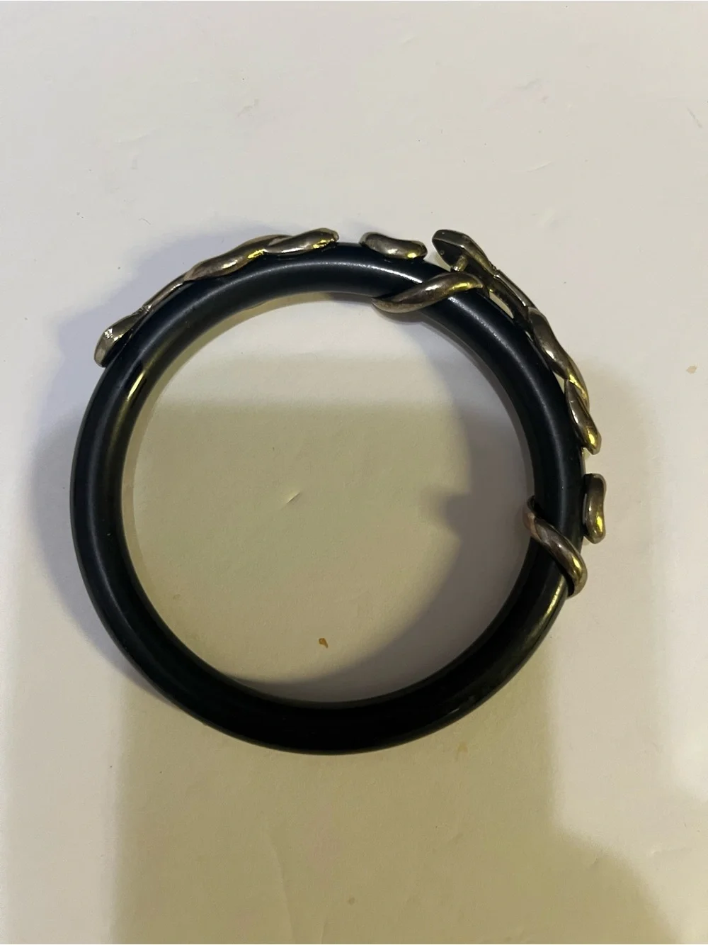 Black Bangle Bracelet with Silver Chain Accent